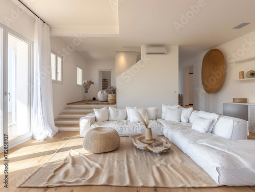 Serene minimalist bedroom in peach tone. Interiors composition in a luxury home © JuanM