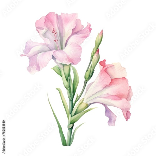 Gladiolus flower watercolor illustration. Floral blooming blossom painting on white background