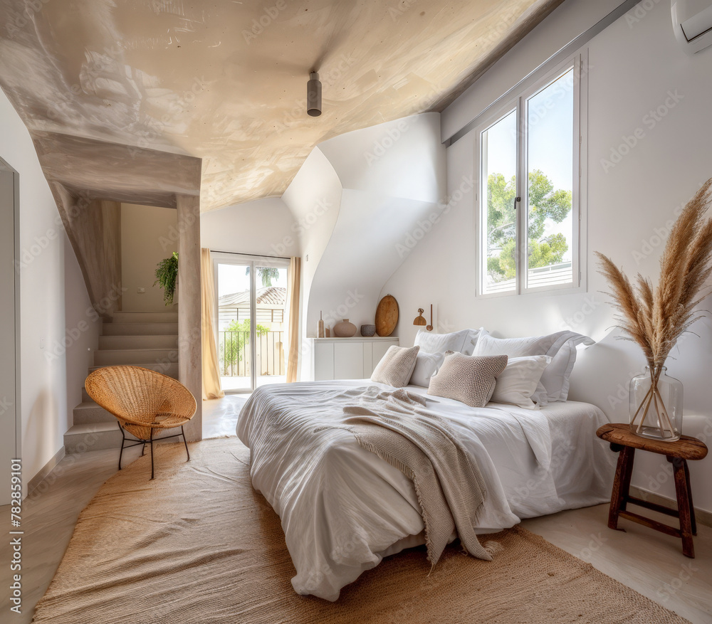 Fototapeta premium Serene minimalist bedroom in peach tone. Interiors composition in a luxury home