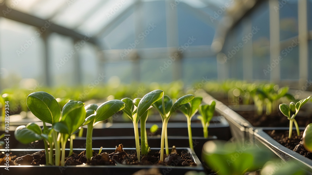 Young plants, sprouts growing in a greenhouse. Blurred nature background. Crop cultivation concept Young plants, sprouts growing in a greenhouse. Blurred nature background. Crop cultivation concept