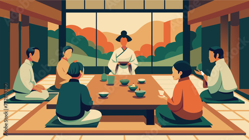 An intricate wood print depicting a group of people gathered around a traditional Japanese tea ceremony with each person carefully observing