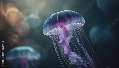 Floating jellyfish depicted with flowing, transparent shapes in shades of blue and purple, against a dark background, capturing the ethereal beauty of marine life.