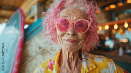 Elderly bohemian woman with pink hair and sunglasses holding a surfboard on a tropical beach at sunset. Sport elderly