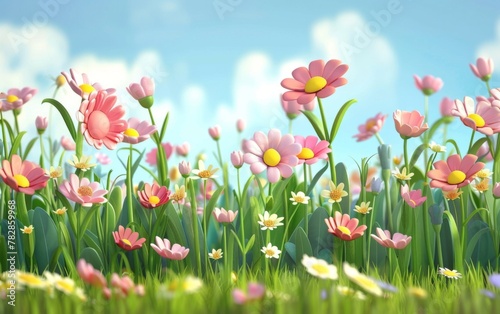 3D cartoon flower background, realistic illustration of spring flowers