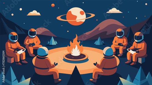 As the sun sets on the barren planet a sense of otherworldly tranquility descends upon the interstellar campsite. The astronauts intricately