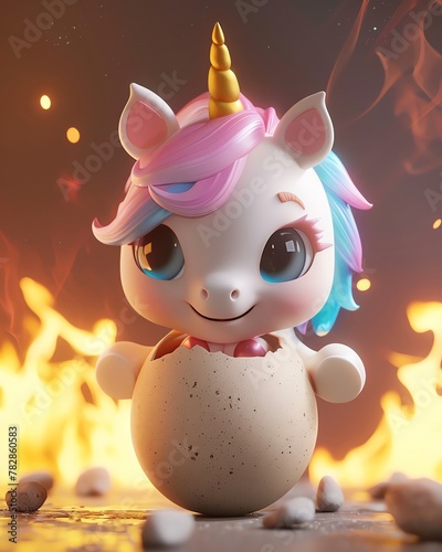 3d render of cute baby unicorn inside an egg, with pink and blue mane, cute eyes, cinematic light, in studio, fire around