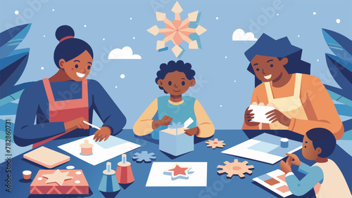 A childrens crafting party with little ones eagerly gluing and glittering paper snowflakes cardboard gingerbread houses and handdrawn cards.
