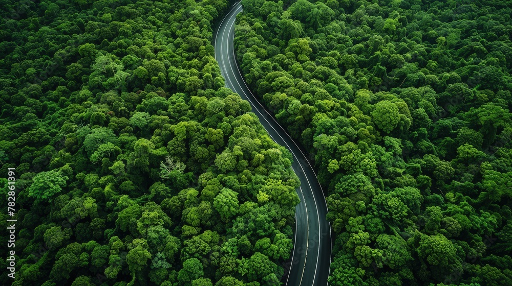 A panoramic aerial view of a dense forest with deep green foliage, bisected by a highway road, illustrating the critical role of trees in the carbon cycle. 