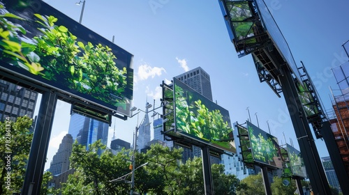 A network of sustainable, solar-powered digital billboards displaying eco-friendly messages, set against an urban backdrop to promote green living in the city. © muhammad
