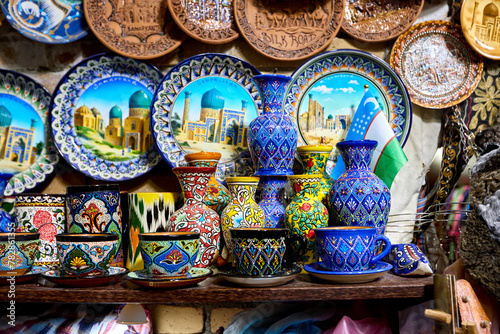 Decorative ceramic plates and cups in Uzbekistan