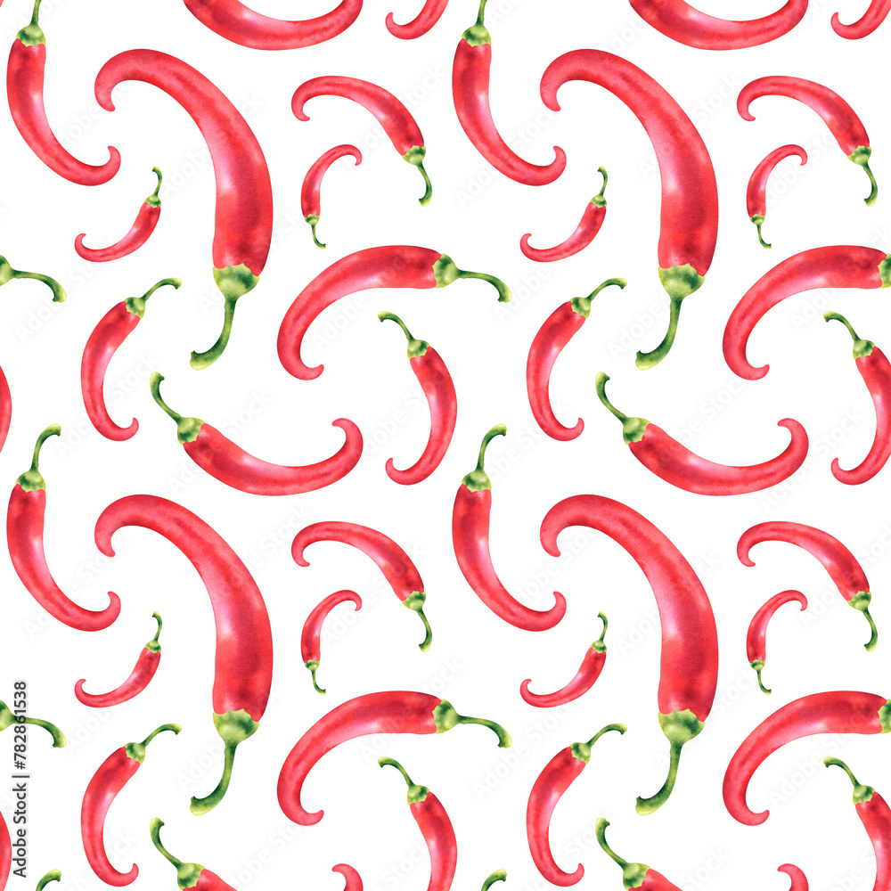 Watercolor seamless pattern with vegetable red hot chili pepper close-up on a white background. Healthy vegetables. Spicy dishes. Hand-drawn illustration. Clipart for designers, printing on fabric. Watercolor seamless pattern with vegetable red hot chili pepper close-up on a white background. Healthy vegetables. Spicy dishes. Hand-drawn illustration. Clipart for designers, printing on fabric.