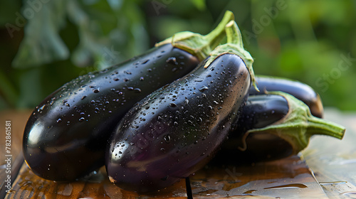 Fresh wet eggplants with droplets on a wooden board with a natural background

