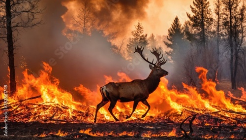 A deer in a burning forest. Generative ai