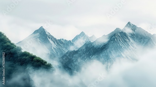 A serene mockup with a misty mountain morning, where the peaks emerge from a blanket of fog, offering a calm and soothing background for wellness and relaxation products.
