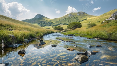 A serene mountain landscape mockup, featuring rolling hills and a tranquil mountain stream, perfect for presenting eco-friendly products in a natural setting. 