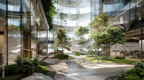 A sleek  glass office complex with integrated green spaces  including trees and shrubs in its lobby and communal areas  designed for sustainability and employee well-being