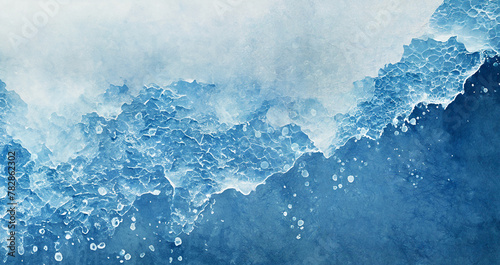 水彩画みたいな白い水飛沫と青い波打ち際のイラスト背景