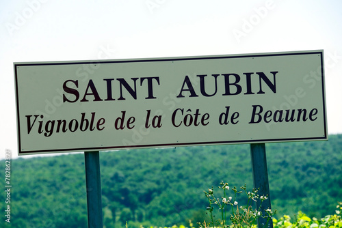 Saint Aubin, Côte de Beaune, Cote d'Or, Burgundy, Bourgogne-Franche-Comté, France, Europe - Sign informing that we are on Vignoble de la Côte de Beaune (Côte de Beaune vineyards)