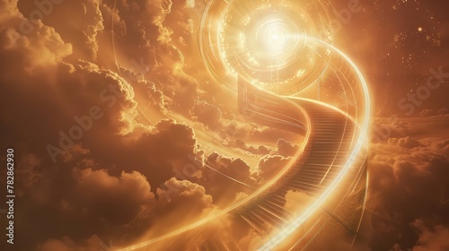 A spiral staircase encased in a beam of ethereal light, piercing through a mist of clouds and ascending towards a glowing, celestial gate.  photo