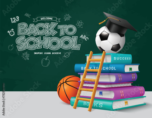 Back to school vector design. Welcome back to school greeting typography in green chalk board with books ,ladder, soccer ball and graduation cap for educational learning background. Vector