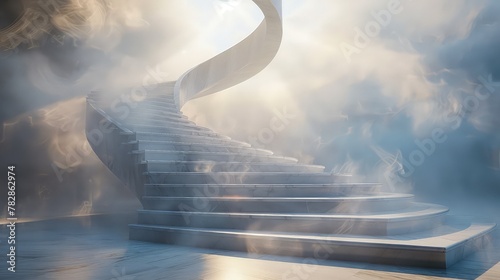 A spiraling staircase of white marble, encircled by gentle mists and ascending towards a radiant, divine presence in the heavens. © muhammad