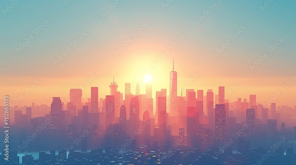 City Skyline Network: A 3D vector illustration of a city skyline during a sunny day