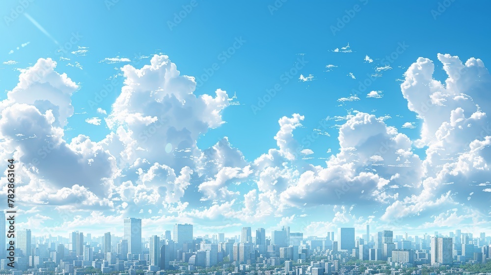 City Skyline Network: A 3D vector illustration of a city skyline during a clear day