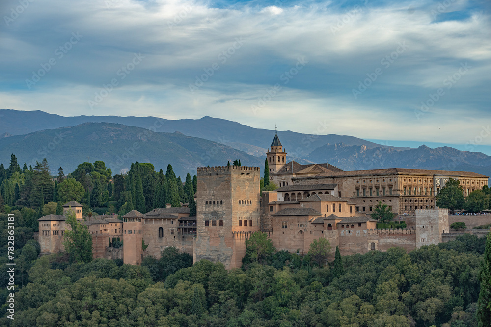 Sunset view of the Alhambra Palace, in Granada, Spain.