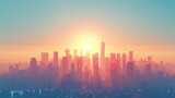 City Skyline Network: A 3D vector illustration of a city skyline during a sunny day