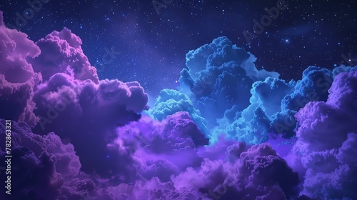 A surreal night sky with clouds in shades of neon purple and blue, creating an almost galactic effect. Stars shimmer in the background, adding depth to the scene.  photo