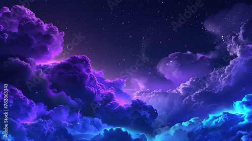A surreal night sky with clouds in shades of neon purple and blue, creating an almost galactic effect. Stars shimmer in the background, adding depth to the scene.  photo