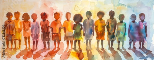Watercolor illustration group of happy smiling children of different nationalities standing in an embrace.