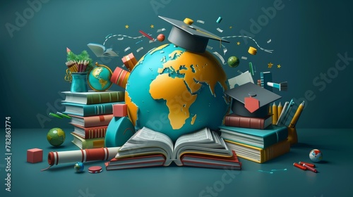 Education and Knowledge: A 3D vector illustration of a globe surrounded by books, graduation caps photo