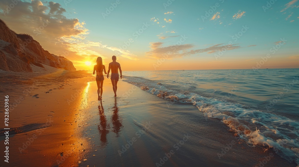 Joyful couple holding hands and walking along the shore, with a beautiful sunset background reflecting on the water.