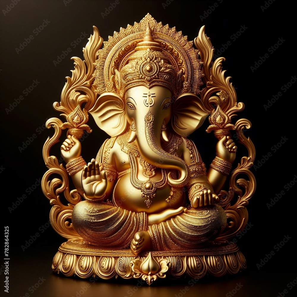 Obraz premium Divine Ganesha: Luxurious Golden Statue Symbolizing Spirituality, Faith, and Worship Against a Black Background