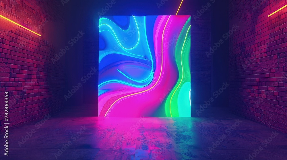 Fototapeta premium A vibrant neon sign with swirling colors of blue, pink, and green, casting a glow in a dark, empty room with a brick wall background. 