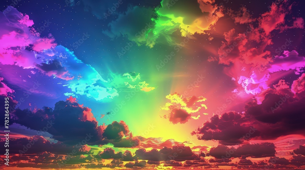 A vibrant sky with neon clouds in an array of rainbow colors, spreading across the horizon. 