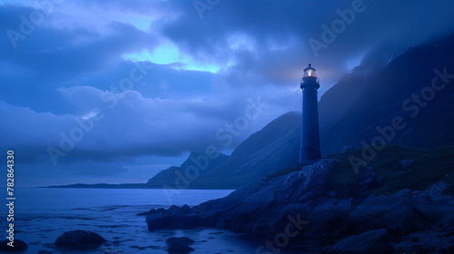 A solitary lighthouse standing tall against a dramatic coastal backdrop at dusk.