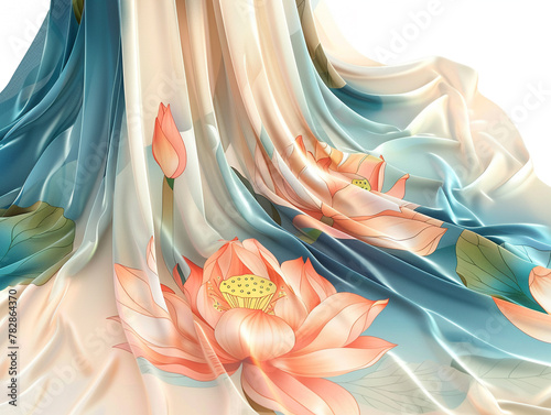 Flowing Thai silk maxi dress, 3D vector, elegant lotus blossom theme
