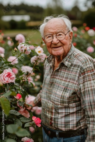 An elderly man with a warm smile stands among blooming roses, his contented demeanor as timeless as the flowers.
