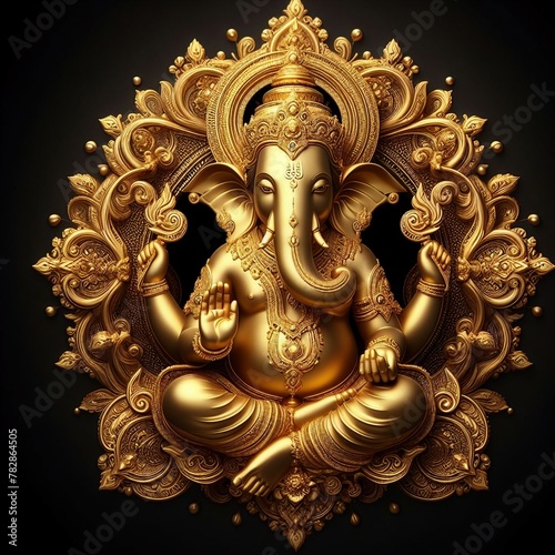 Divine Ganesha: Luxurious Golden Statue Symbolizing Spirituality, Faith, and Worship Against a Black Background