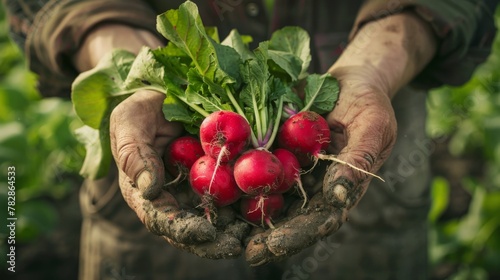 Organic freshly harvested vegetables. Farmer's hands with fresh radishes, close-up.
