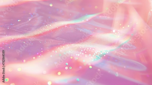 A whimsical, pastel pink backdrop with a holographic glaze, casting a spectrum of light across the surface. 