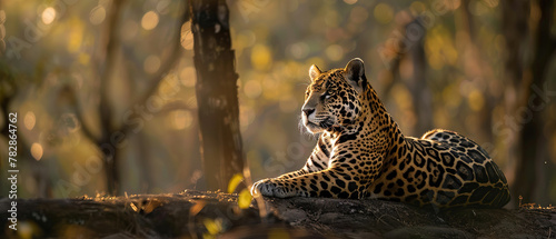  a graceful jaguar, with dappled sunlight filtering through the trees as the background, with empty copy space
