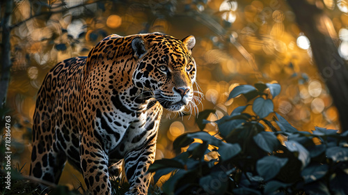  a graceful jaguar  with dappled sunlight filtering through the trees as the background  with empty copy space