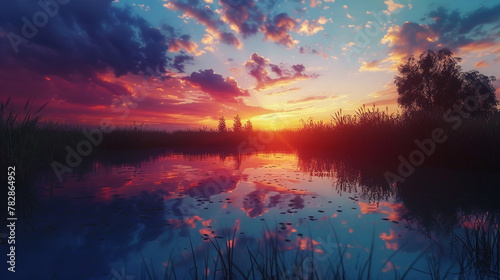 A tranquil pond reflecting the vibrant colors of a fiery sunset in the evening sky.