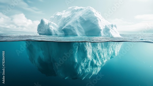 Icy Landscape: A majestic iceberg floats in polar waters, surrounded by the cold sea, against a backdrop of snowy mountains and a crisp blue sky.Generative AI illustration