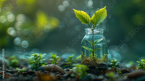 Vibrant young plant growing inside a glass jar, set against a dreamy backdrop of soft bokeh lights. This image symbolizes hope and the importance of nurturing our environment.
