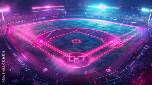 Glowing Neon Baseball: A 3D vector illustration of a baseball field with neon pink and purple