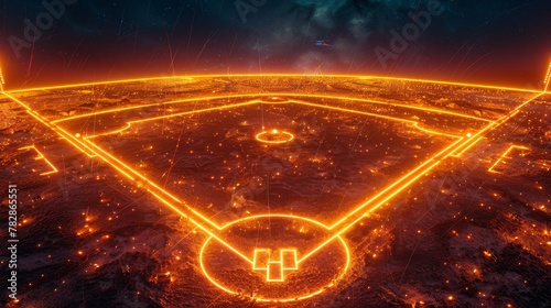 Glowing Neon Baseball: A 3D vector illustration of a baseball diamond illuminated by neon orange and yellow